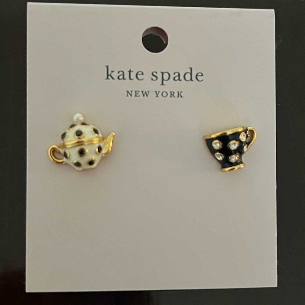 Kate Spade New York Black & White Tea Time Stud Earrings With Dust Bag